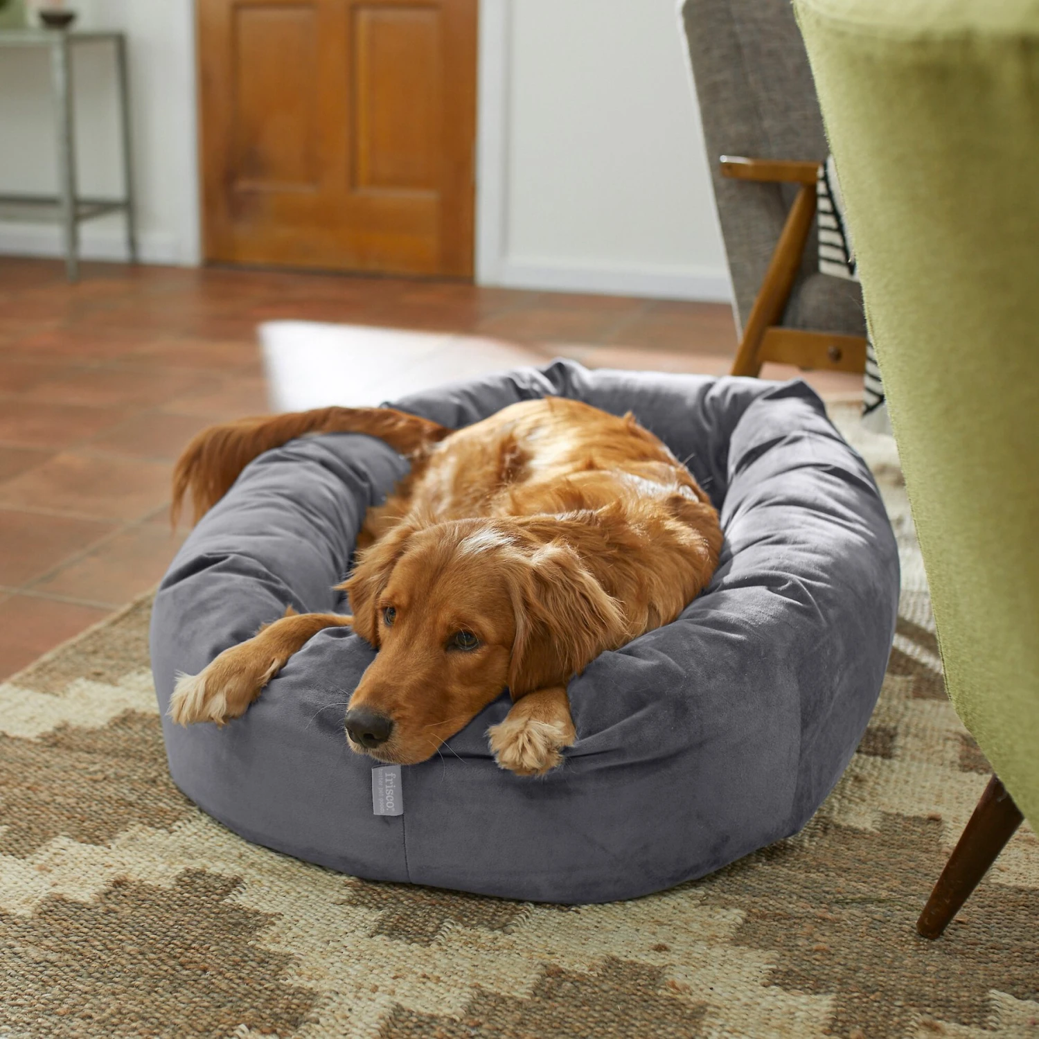 Frisco Velvet Round Bolster Dog Bed W/Removable Cover 3 Frisco Velvet Round Bolster Dog Bed W/Removable Cover